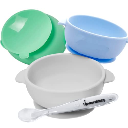 Baby Bowls with Suction - 4 Piece Silicone Set with Spoon - UpwardBaby - for Babies Kids Toddlers - BPA Free - First Stage Self Feeding