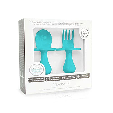 Grabease Baby and Toddler Self-Feeding Utensils – Spoon and Fork Set for Baby-Led Weaning – Made of Non-Toxic Plastic – Featuring Protective Barriers to Prevent Choking and Gagging