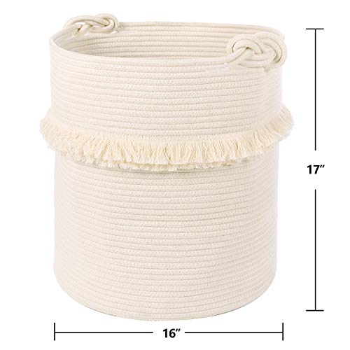 CherryNow Extra Large Woven Storage Baskets – 17'' x 16'' Cotton Rope Decorative Hamper for Magazine, Toys, Blankets, and Laundry, Cute Tassel Nursery Decor - Home Storage Container