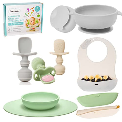 Baby Led Weaning Feeding Supplies for Toddlers - UpwardBaby Baby Feeding Set - Suction Silicone Baby Bowl - Self Eating Utensils Set with Spoons, Bibs, Placemat - Dishwasher-Safe Infant Food Plate Kit